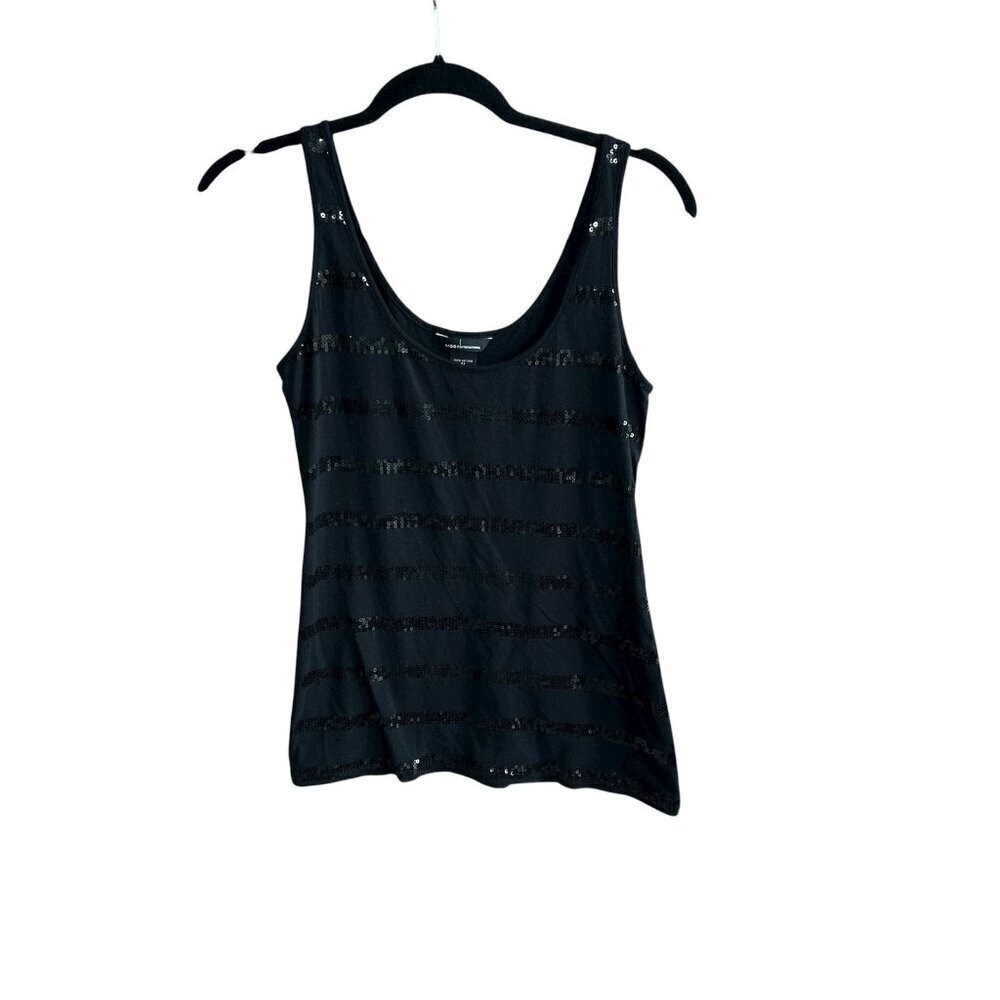 Moda International Black Cotton Tank Sequin Stripes Size Medium